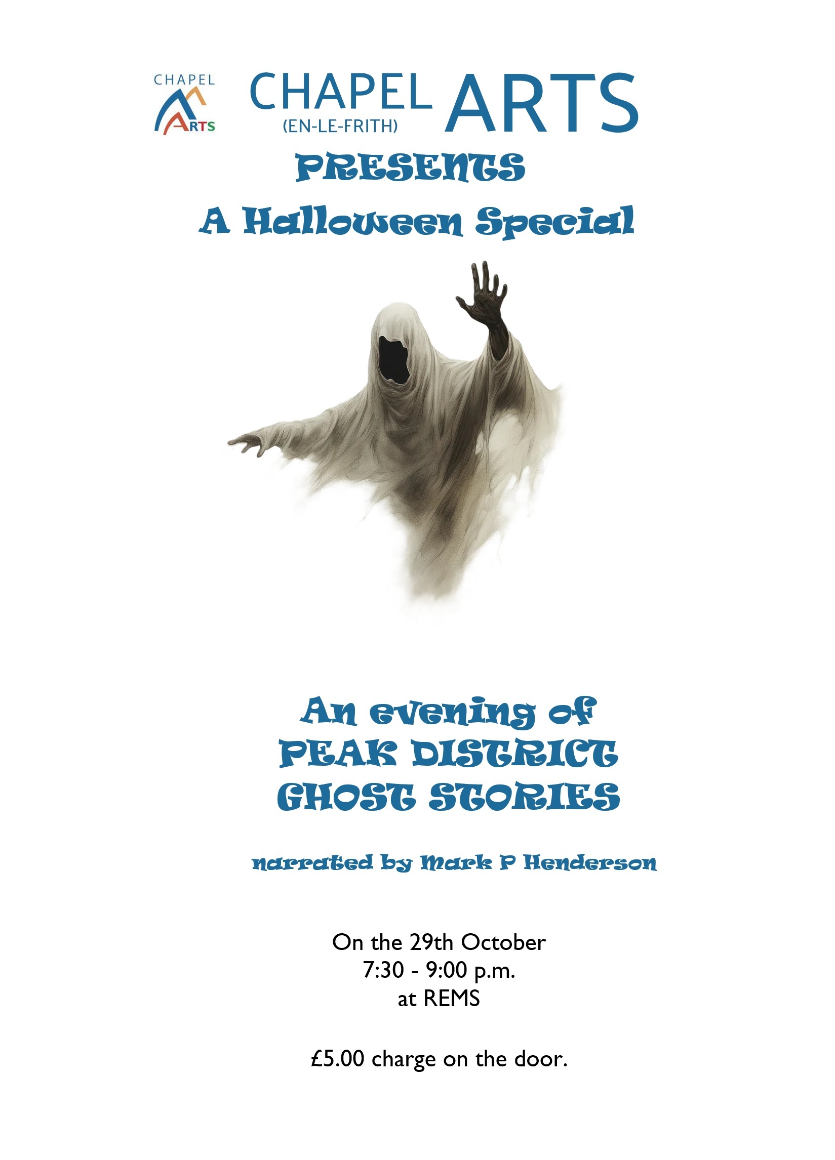 Chapel Arts Halloween ghost stories event poster.